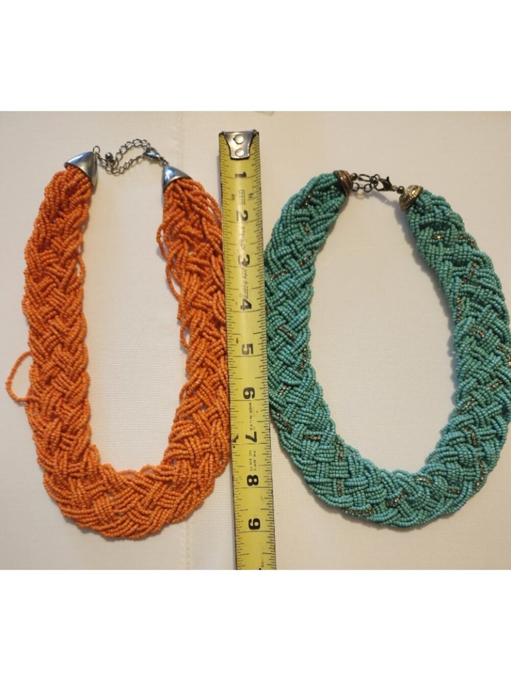 Lot of 2 Bold Statement Necklaces Braided Beads Orange Turquoise - Picture 3 of 6